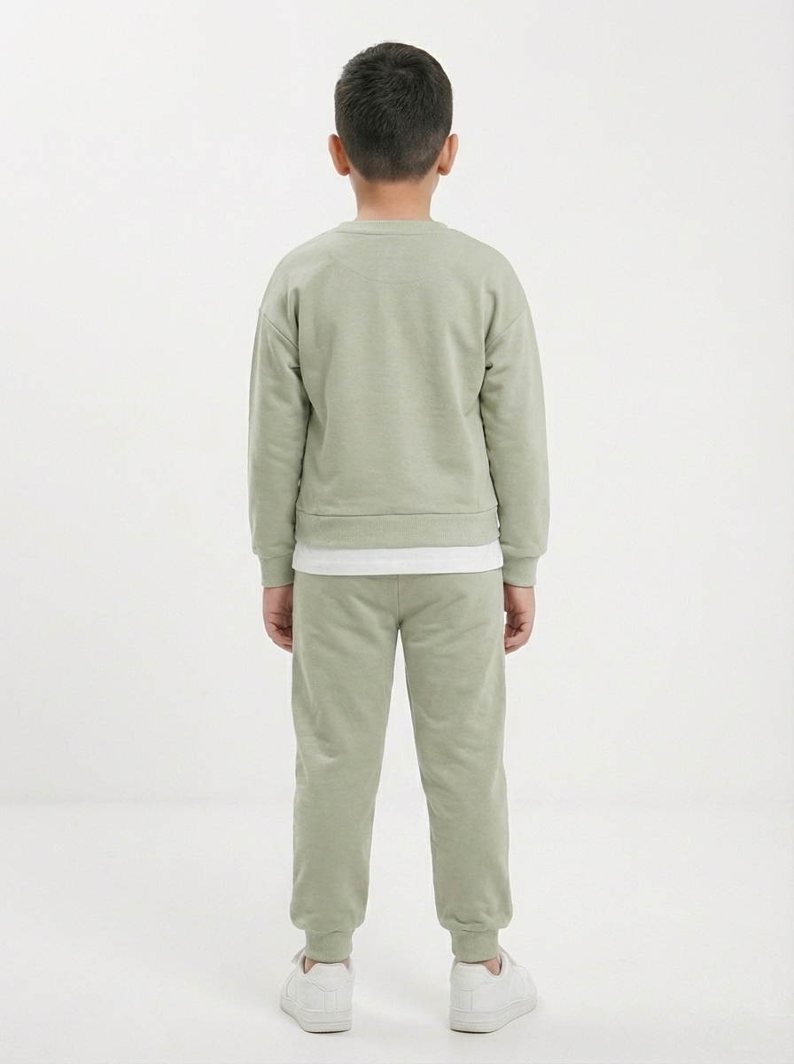 Taş Rengi 2375 Baskılı Katman Görünümlü Erkek Çocuk Eşofman Takımı (5-8 Yaş)