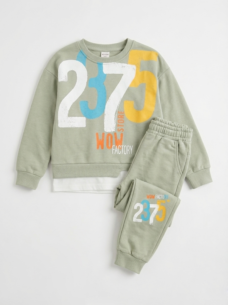 Taş Rengi 2375 Baskılı Katman Görünümlü Erkek Çocuk Eşofman Takımı (5-8 Yaş)