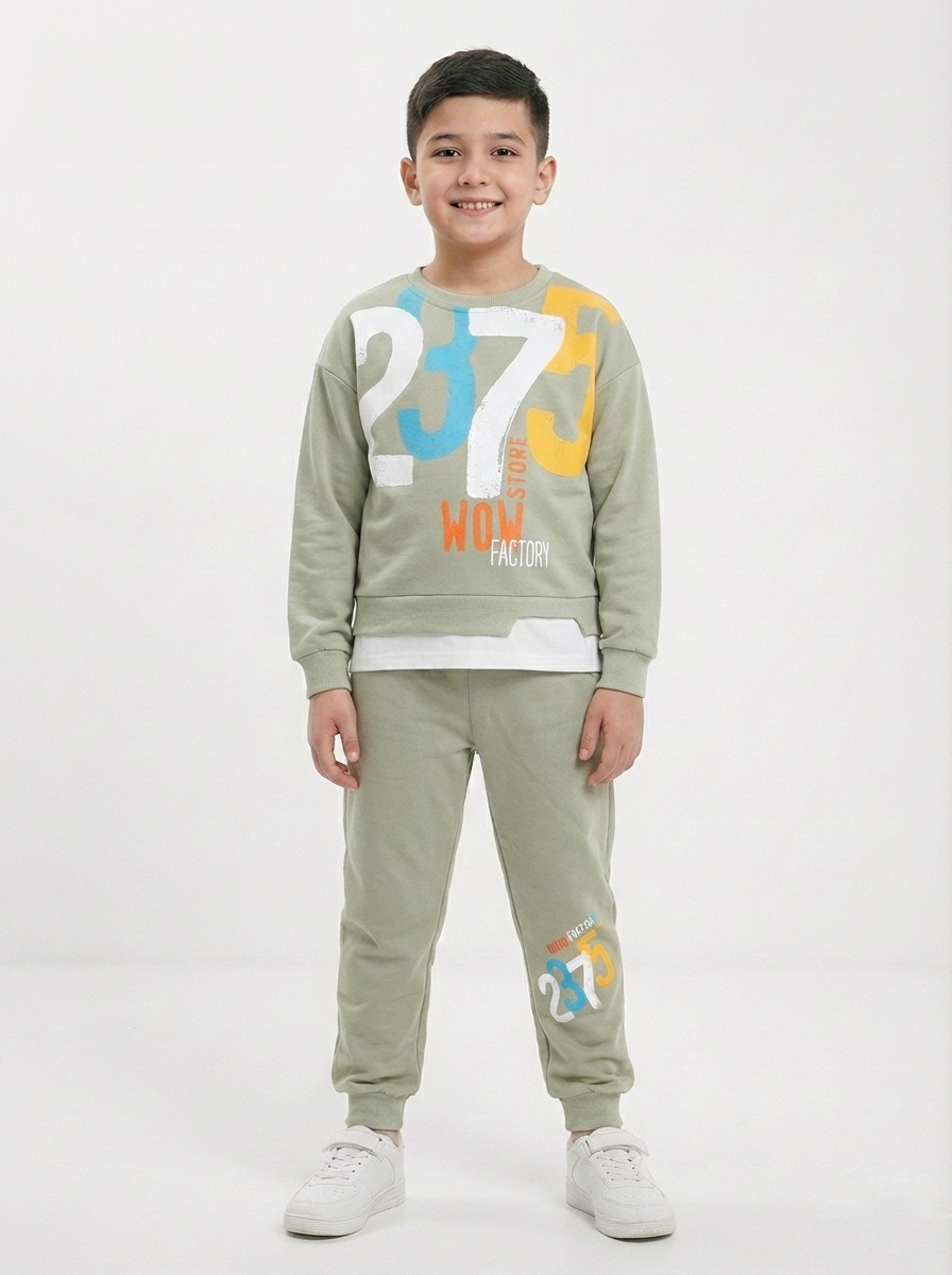 Taş Rengi 2375 Baskılı Katman Görünümlü Erkek Çocuk Eşofman Takımı (5-8 Yaş)