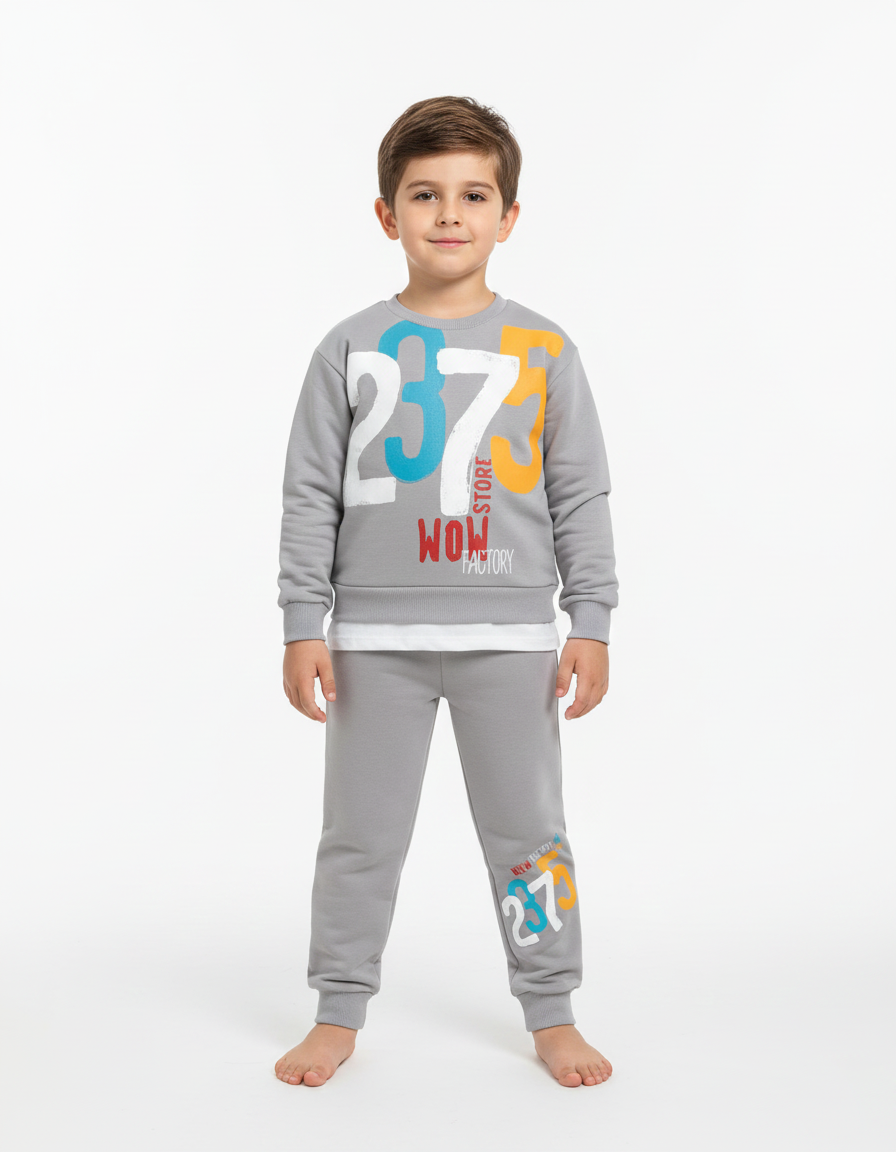 Gri 2375 Baskılı Katman Görünümlü Erkek Çocuk Eşofman Takımı (5-8 Yaş)