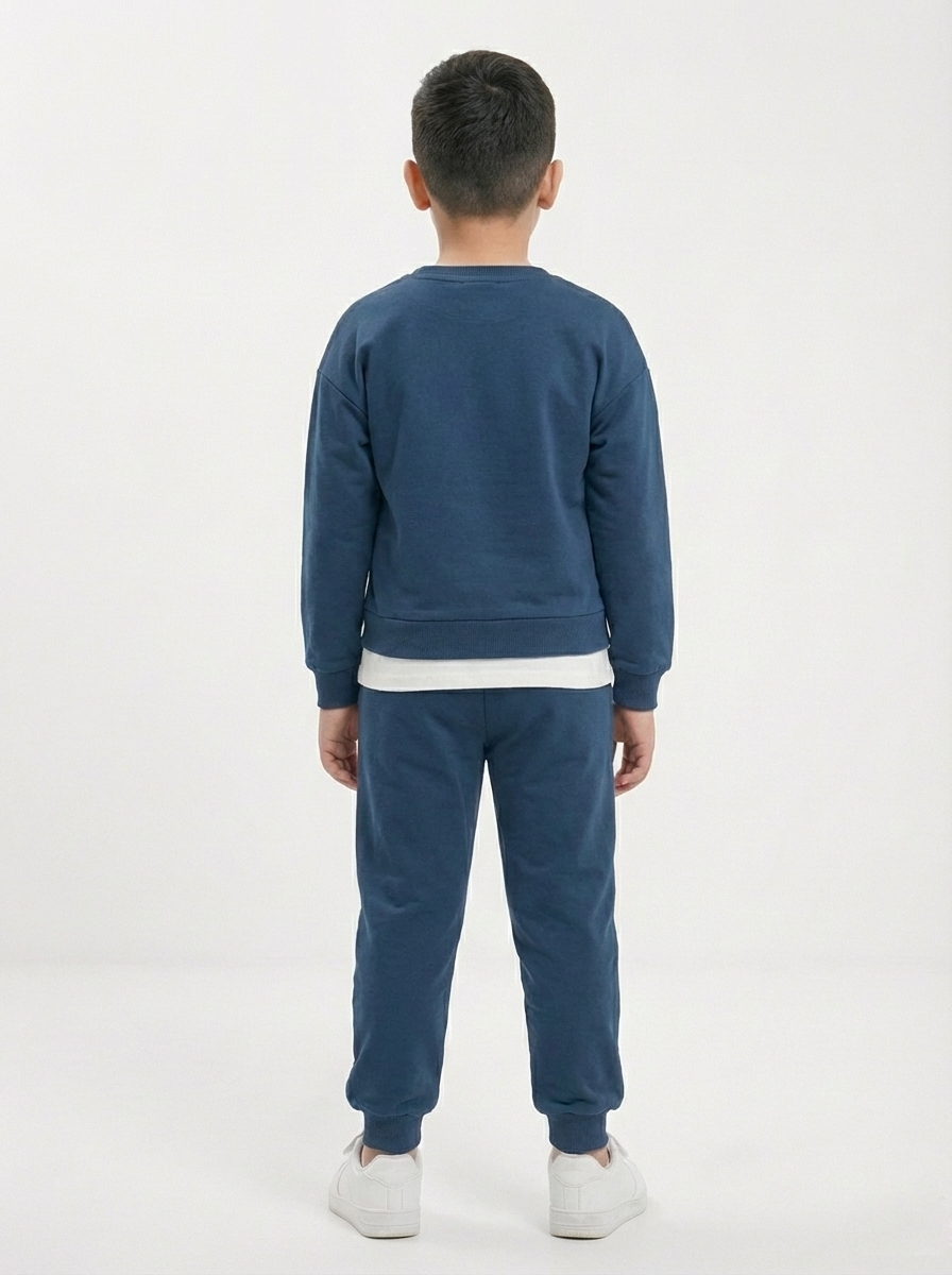 İndigo Mavi 2375 Baskılı Katman Görünümlü Erkek Çocuk Eşofman Takımı (5-8 Yaş)