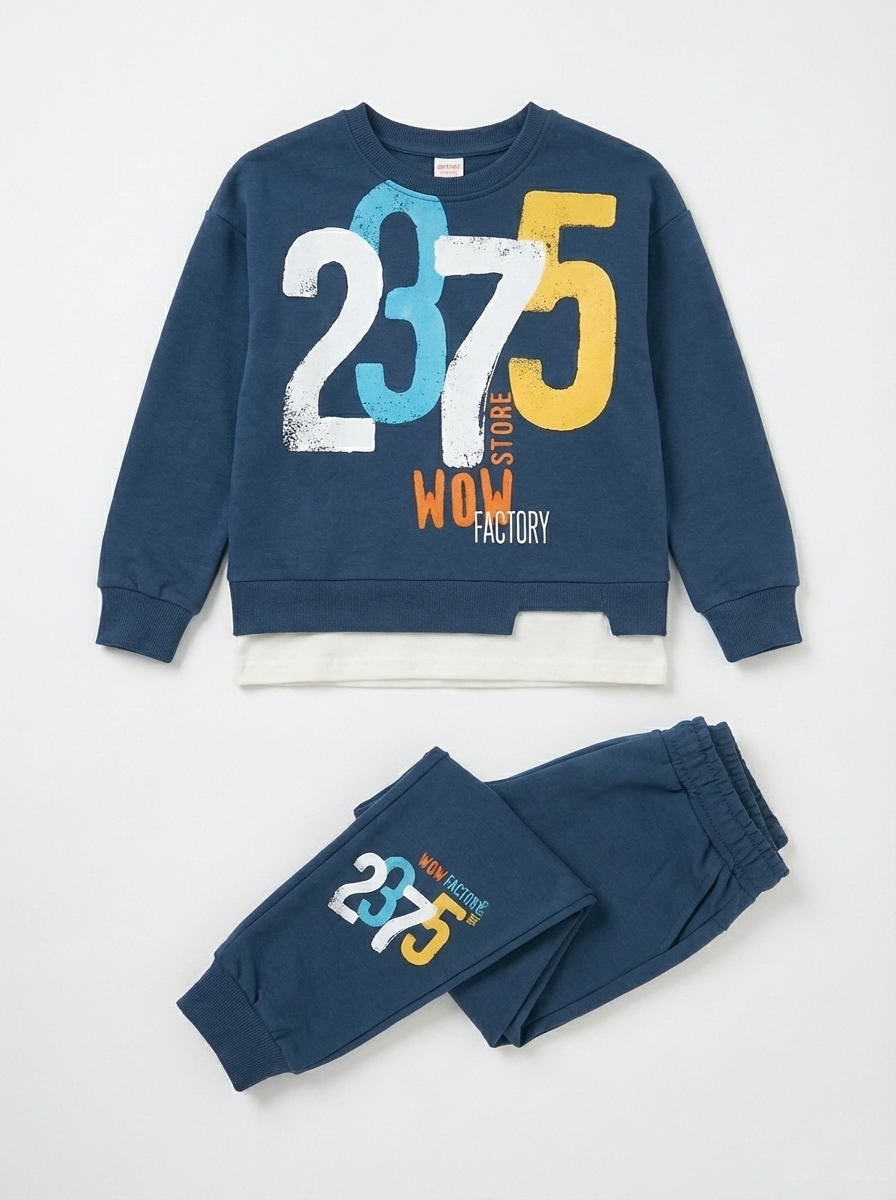 İndigo Mavi 2375 Baskılı Katman Görünümlü Erkek Çocuk Eşofman Takımı (5-8 Yaş)