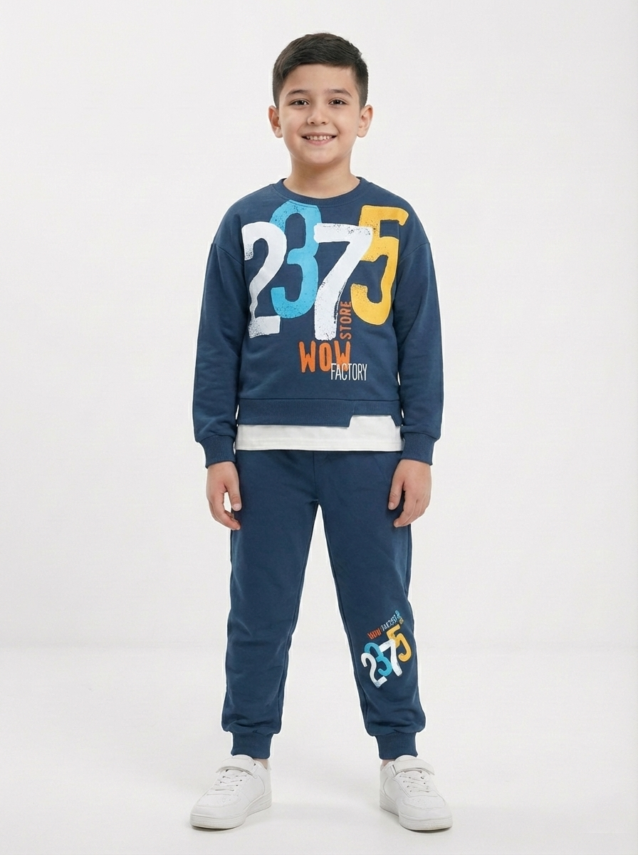 İndigo Mavi 2375 Baskılı Katman Görünümlü Erkek Çocuk Eşofman Takımı (5-8 Yaş)