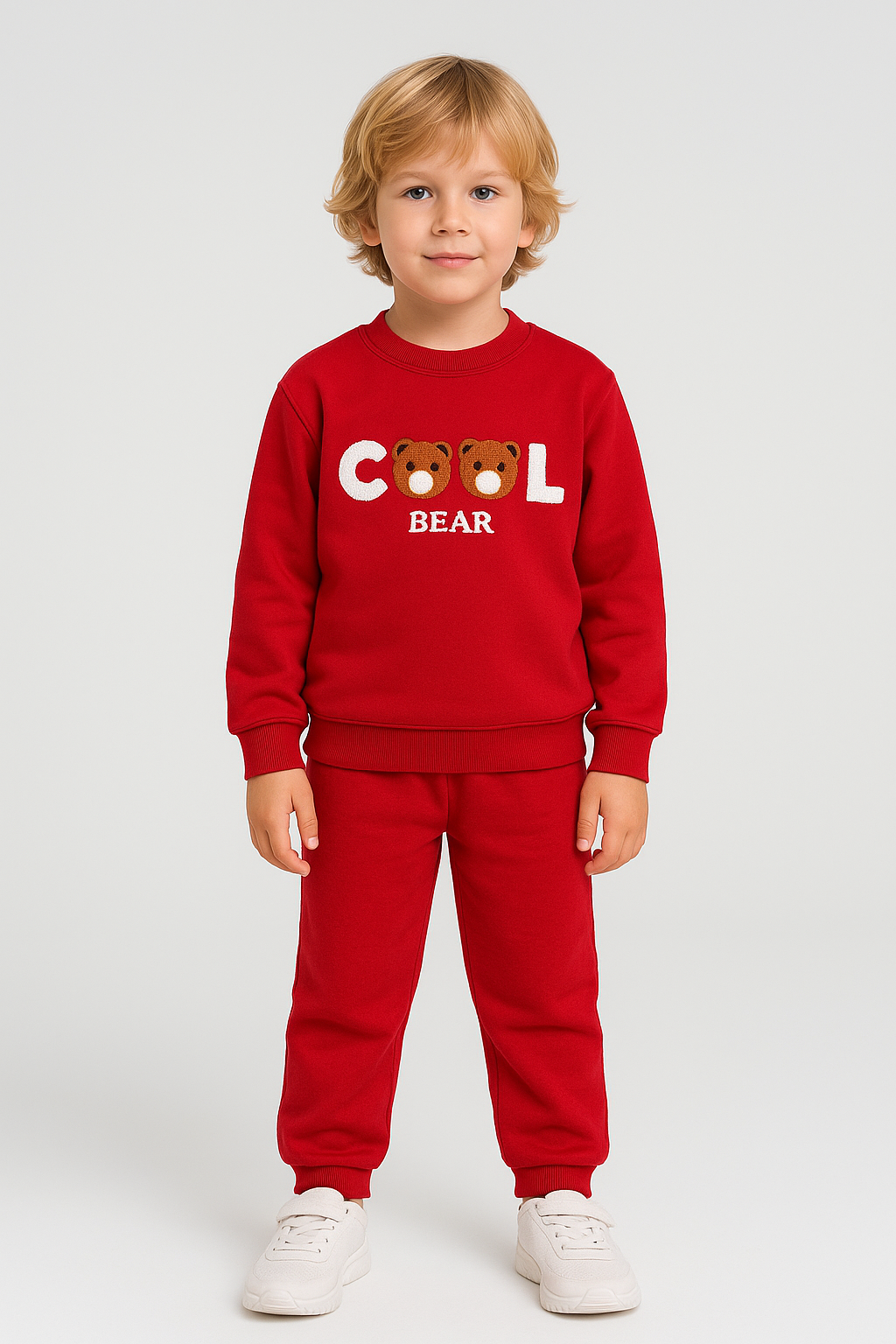 Cool Bear Temalı Bisiklet Yaka Erkek Çocuk Kırmızı Alt Üst Takım