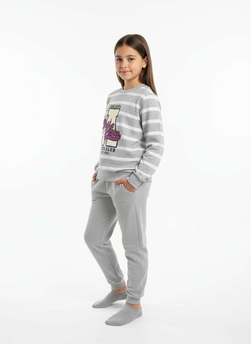 Gri Çizgili Baskılı Kız Çocuk Alt Üst Takım – 3-11 Yaş