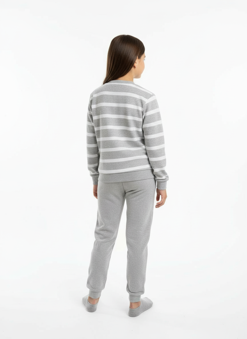 Gri Çizgili Baskılı Kız Çocuk Alt Üst Takım – 3-11 Yaş