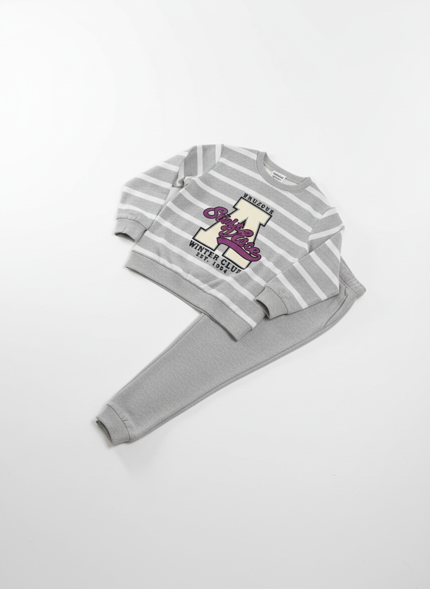 Gri Çizgili Baskılı Kız Çocuk Alt Üst Takım – 3-11 Yaş
