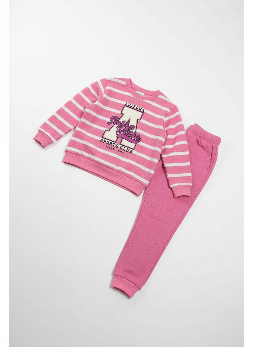 Pembe Çizgili Baskılı Kız Çocuk Alt Üst Takım – 3-11 Yaş