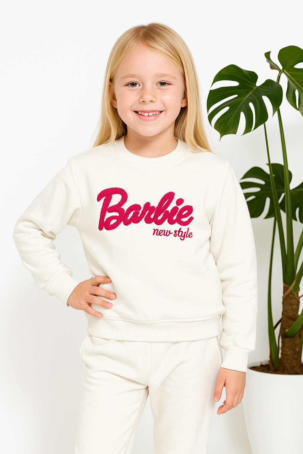 Barbie Yazısı Figürlü Kız Çocuk Beyaz Bisiklet Yaka Sweat