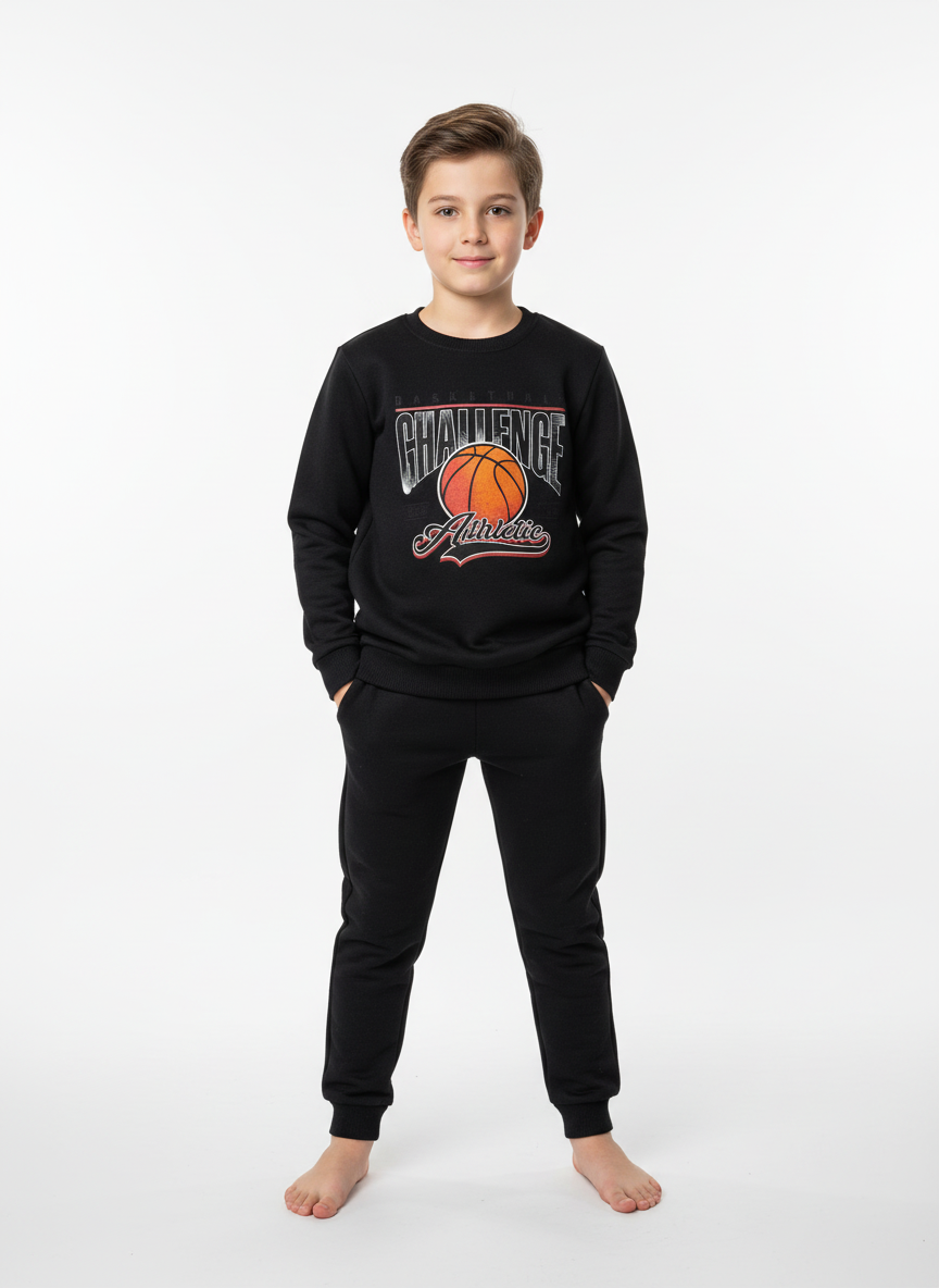Siyah Basketbol Baskılı Erkek Çocuk Alt Üst Takım – 3-11 Yaş