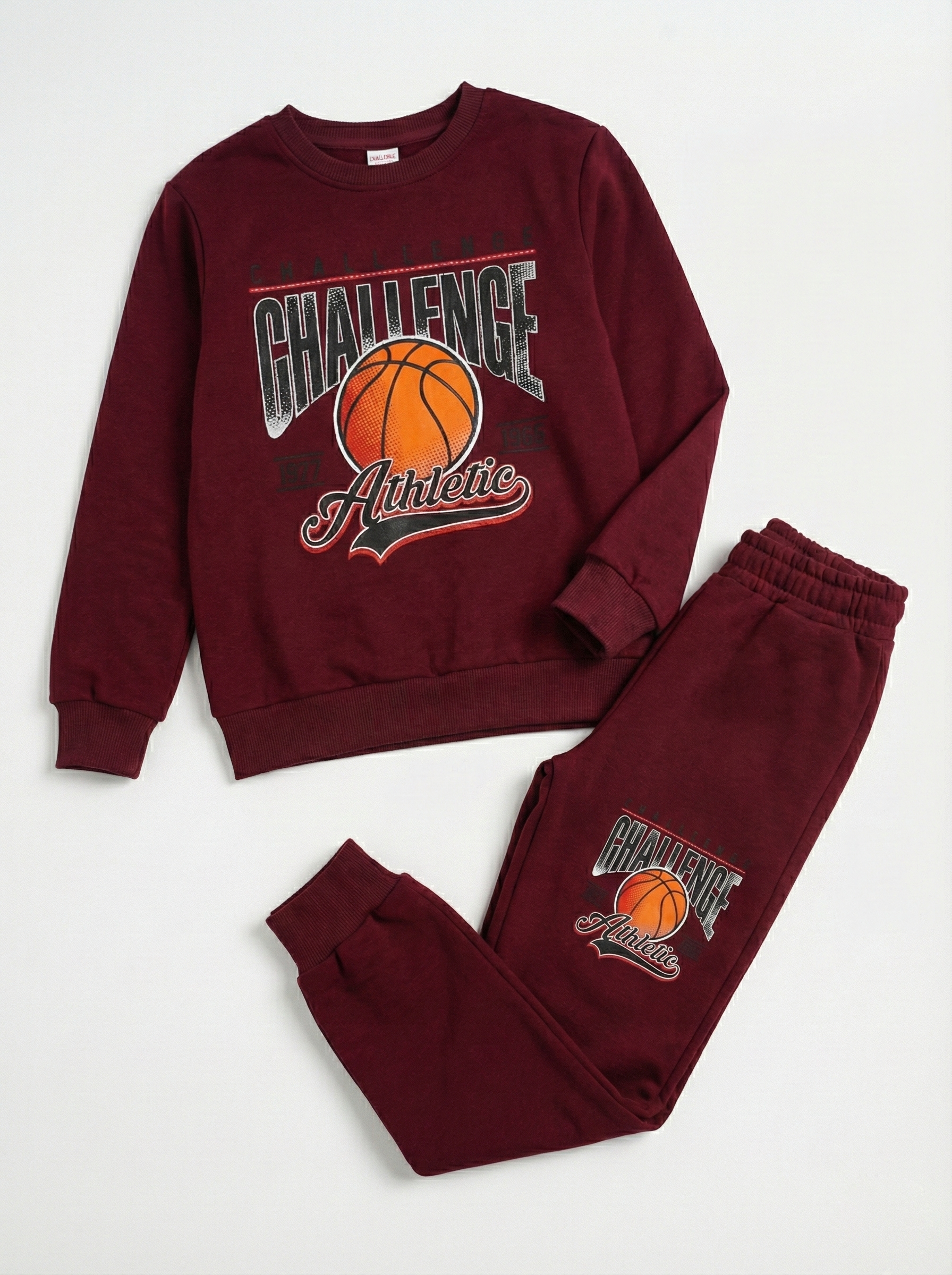 Bordo Basketbol Baskılı İçi Polarlı Erkek Çocuk Eşofman Takımı (2-6 Yaş)