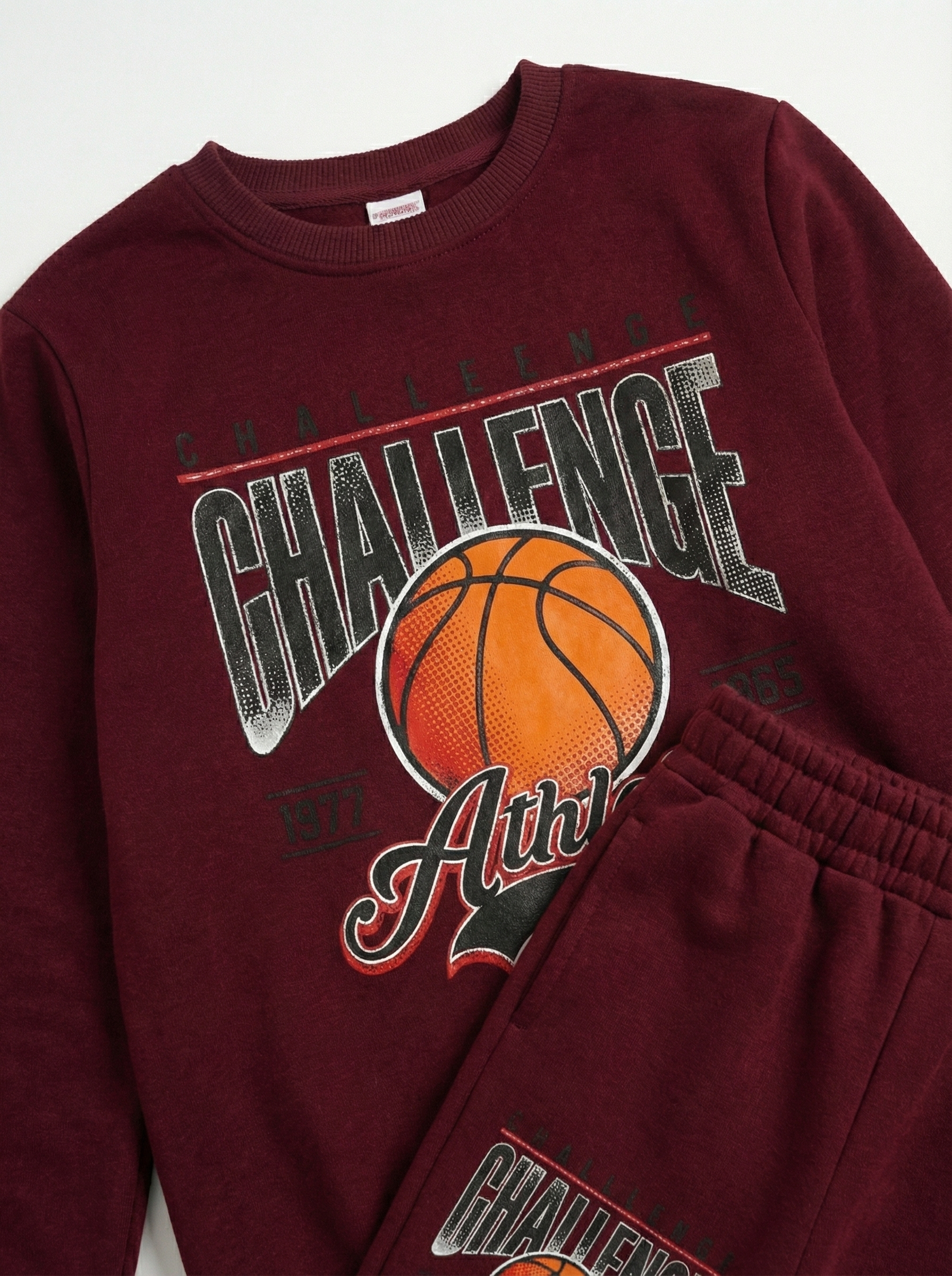 Bordo Basketbol Baskılı İçi Polarlı Erkek Çocuk Eşofman Takımı (2-6 Yaş)