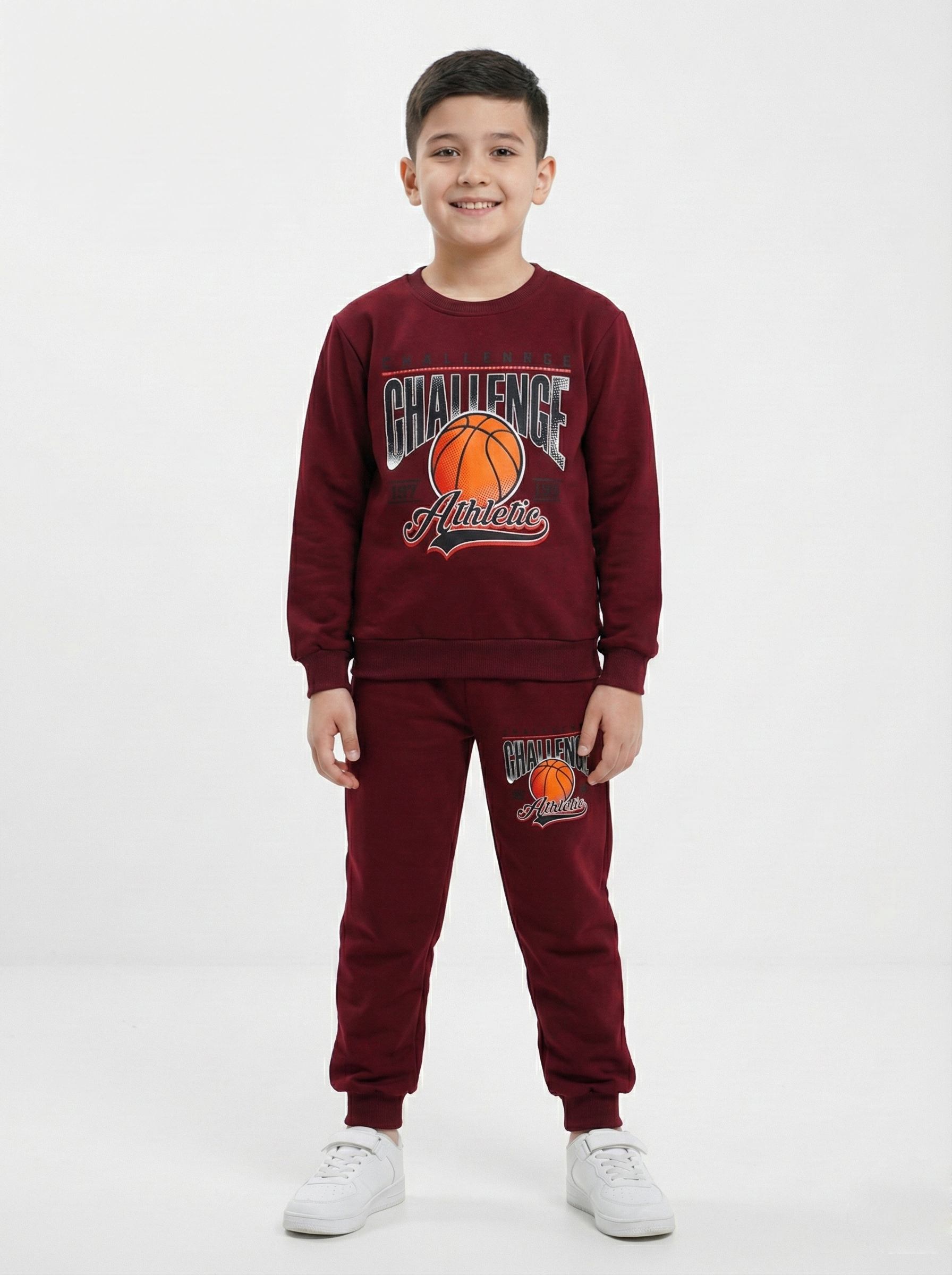 Bordo Basketbol Baskılı İçi Polarlı Erkek Çocuk Eşofman Takımı (2-6 Yaş)