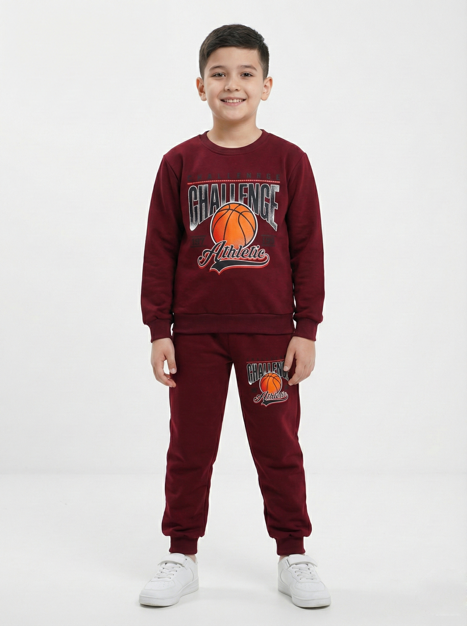 Bordo Basketbol Baskılı İçi Polarlı Erkek Çocuk Eşofman Takımı (2-6 Yaş)