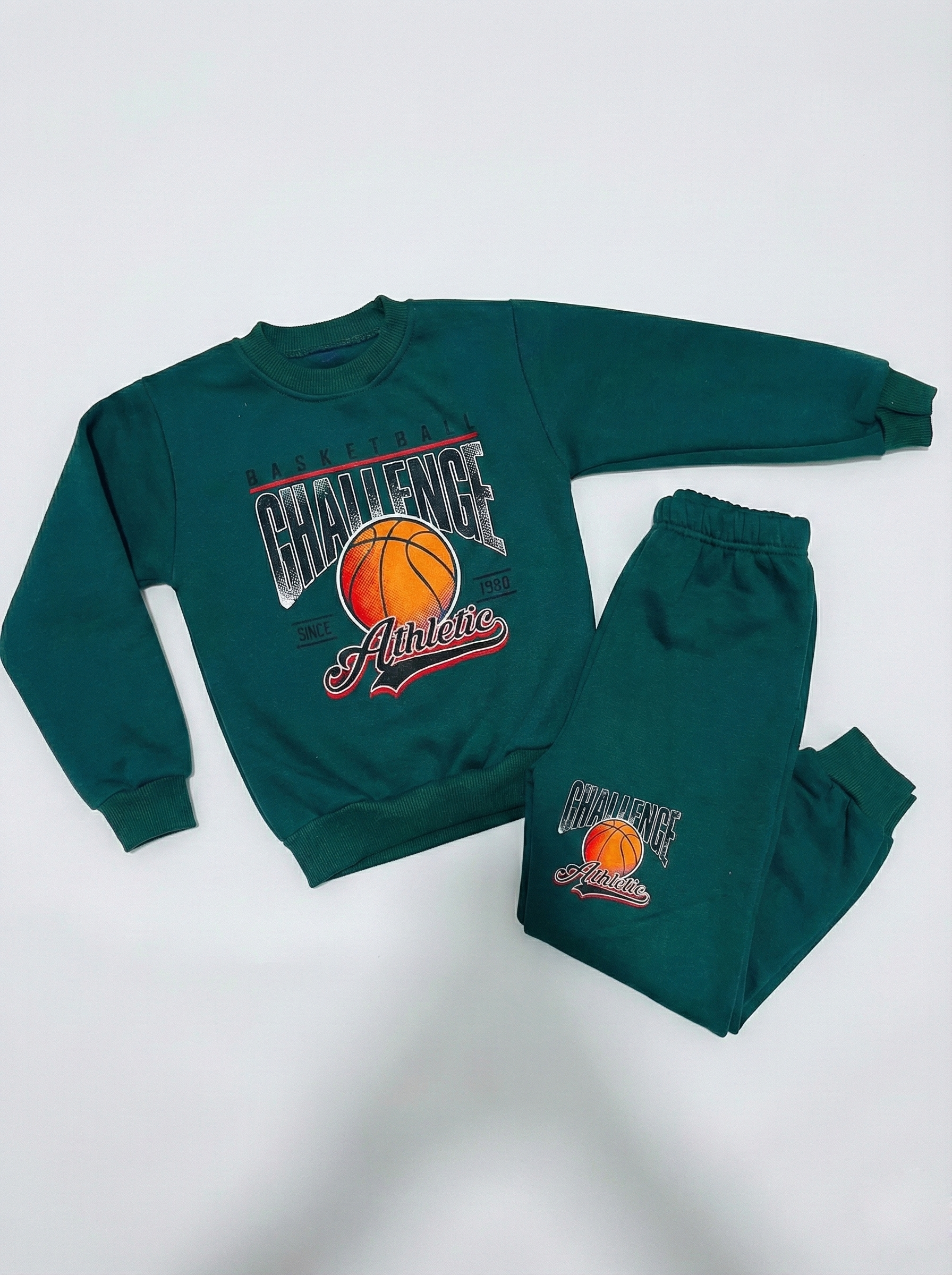 Zümrüt Yeşili Basketbol Baskılı İçi Polarlı Erkek Çocuk Eşofman Takımı (2-6 Yaş)