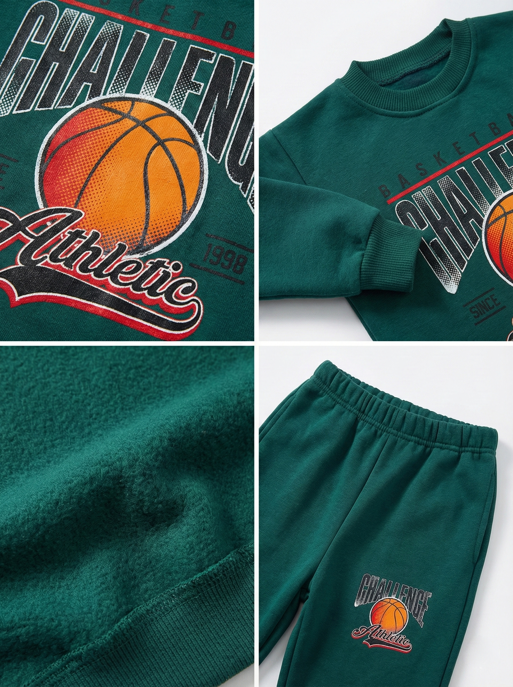 Zümrüt Yeşili Basketbol Baskılı İçi Polarlı Erkek Çocuk Eşofman Takımı (2-6 Yaş)