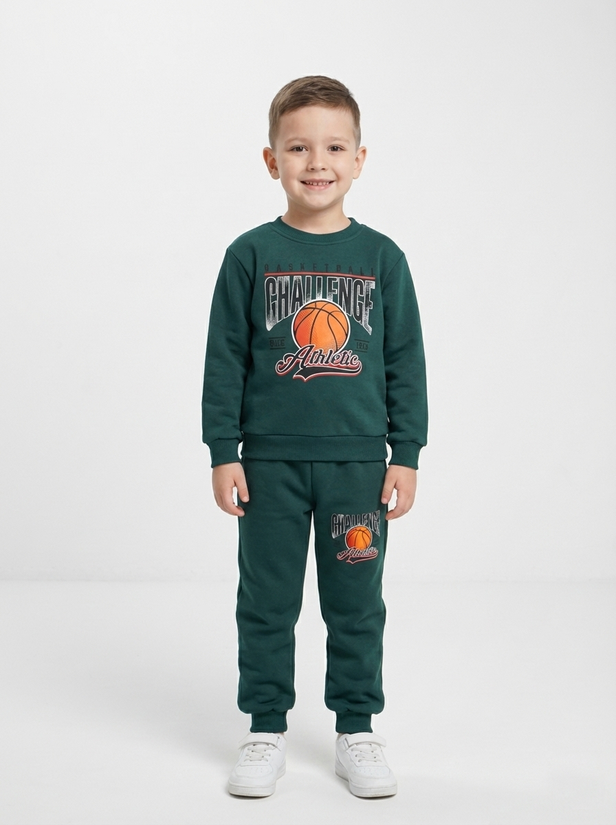 Zümrüt Yeşili Basketbol Baskılı İçi Polarlı Erkek Çocuk Eşofman Takımı (2-6 Yaş)