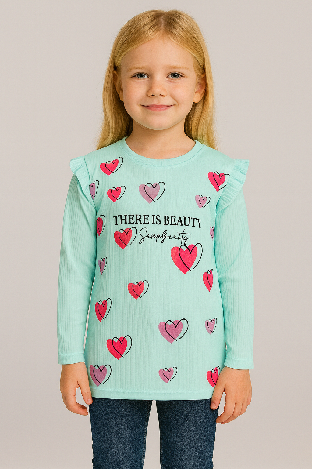 There Is Beauty Baskılı Bisiklet Yaka Turkuaz Kız Çocuk Sweat