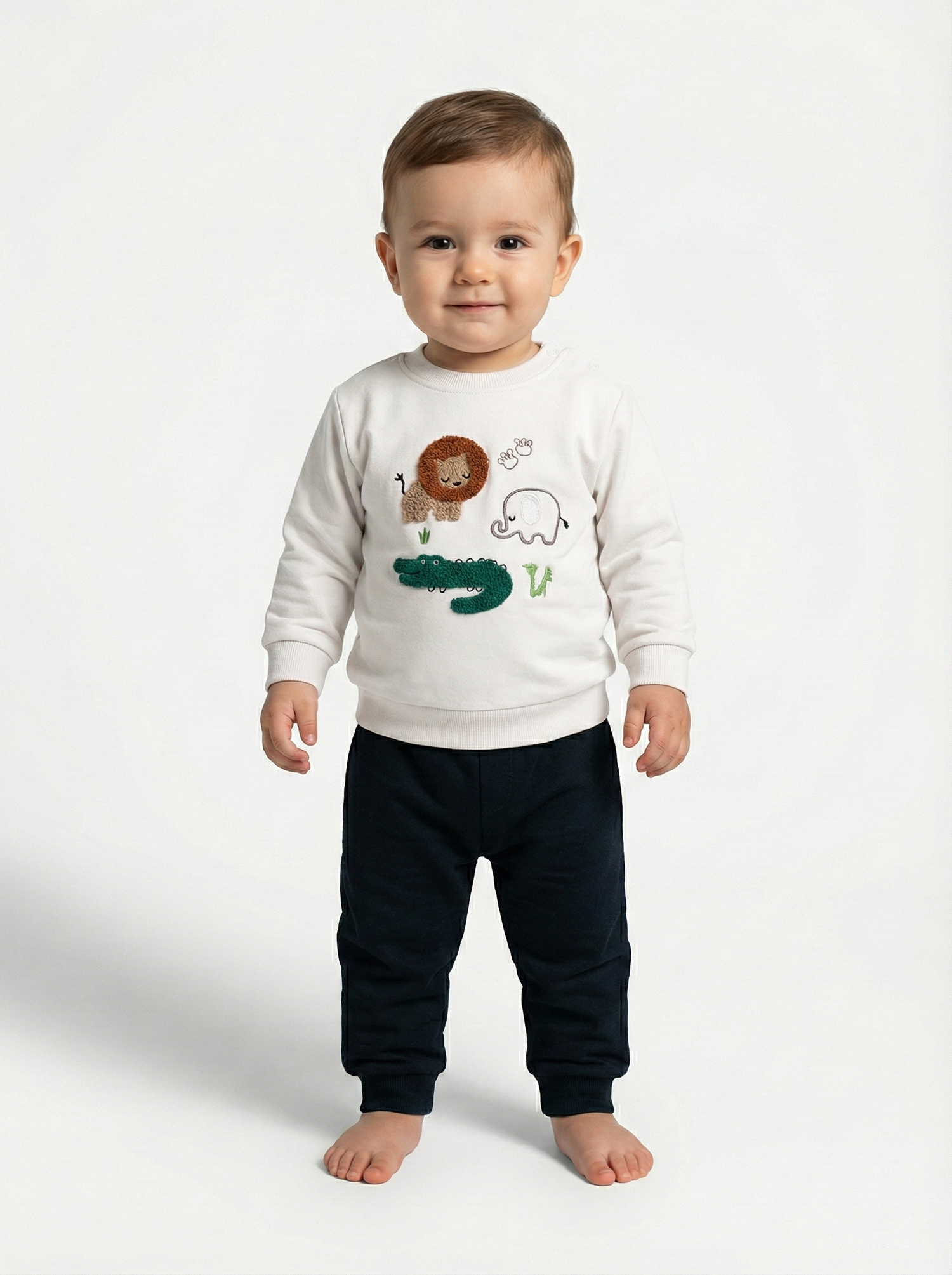 Sevimli Hayvanlar Nakışlı Omuzdan Çıtçıtlı Bebek Takımı (0-9 Ay)