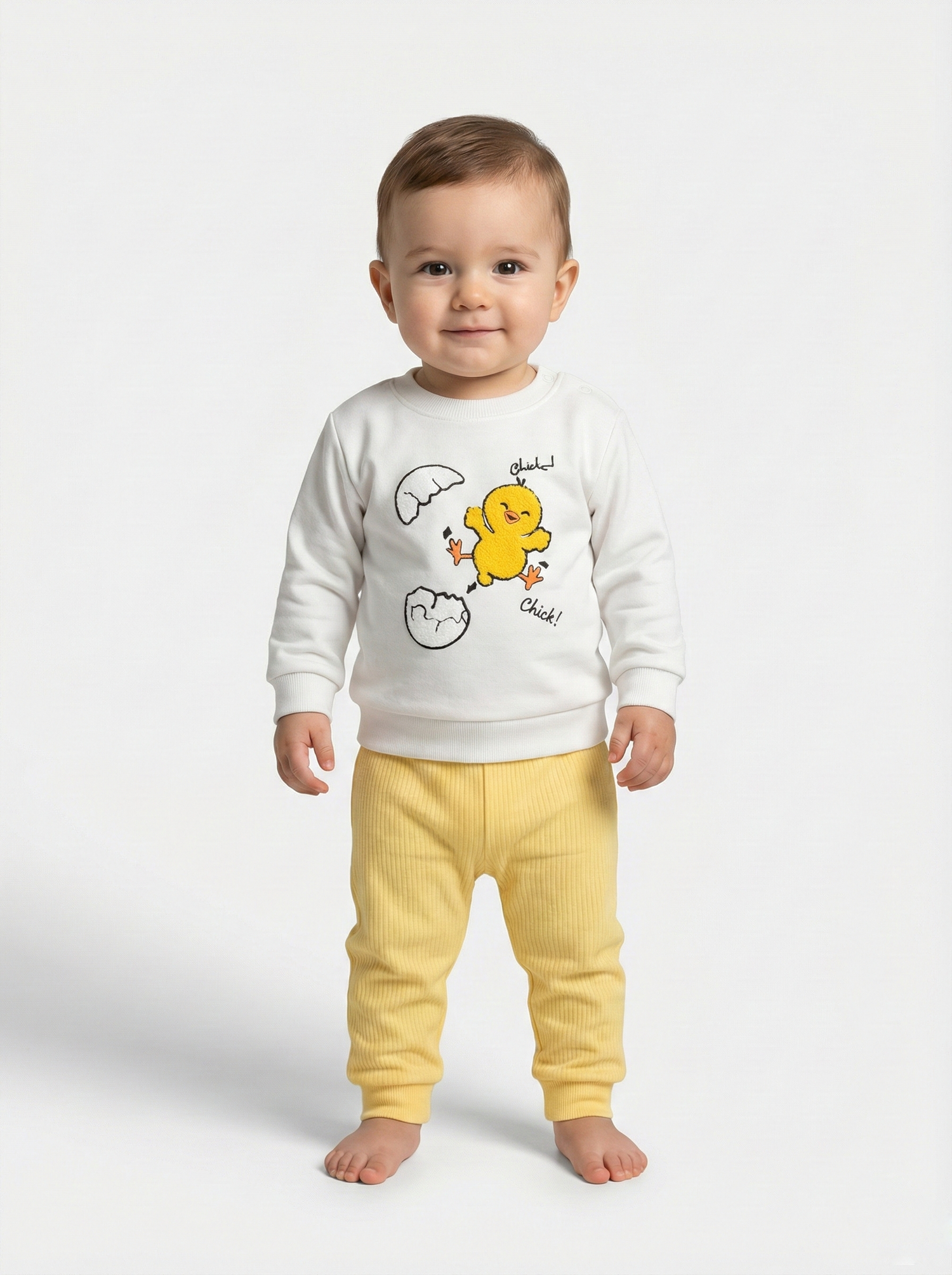 Yumurtadan Çıkan Civciv Temalı Sarı Altlı Omuzdan Çıtçıtlı Bebek Takımı (0-9 Ay)
