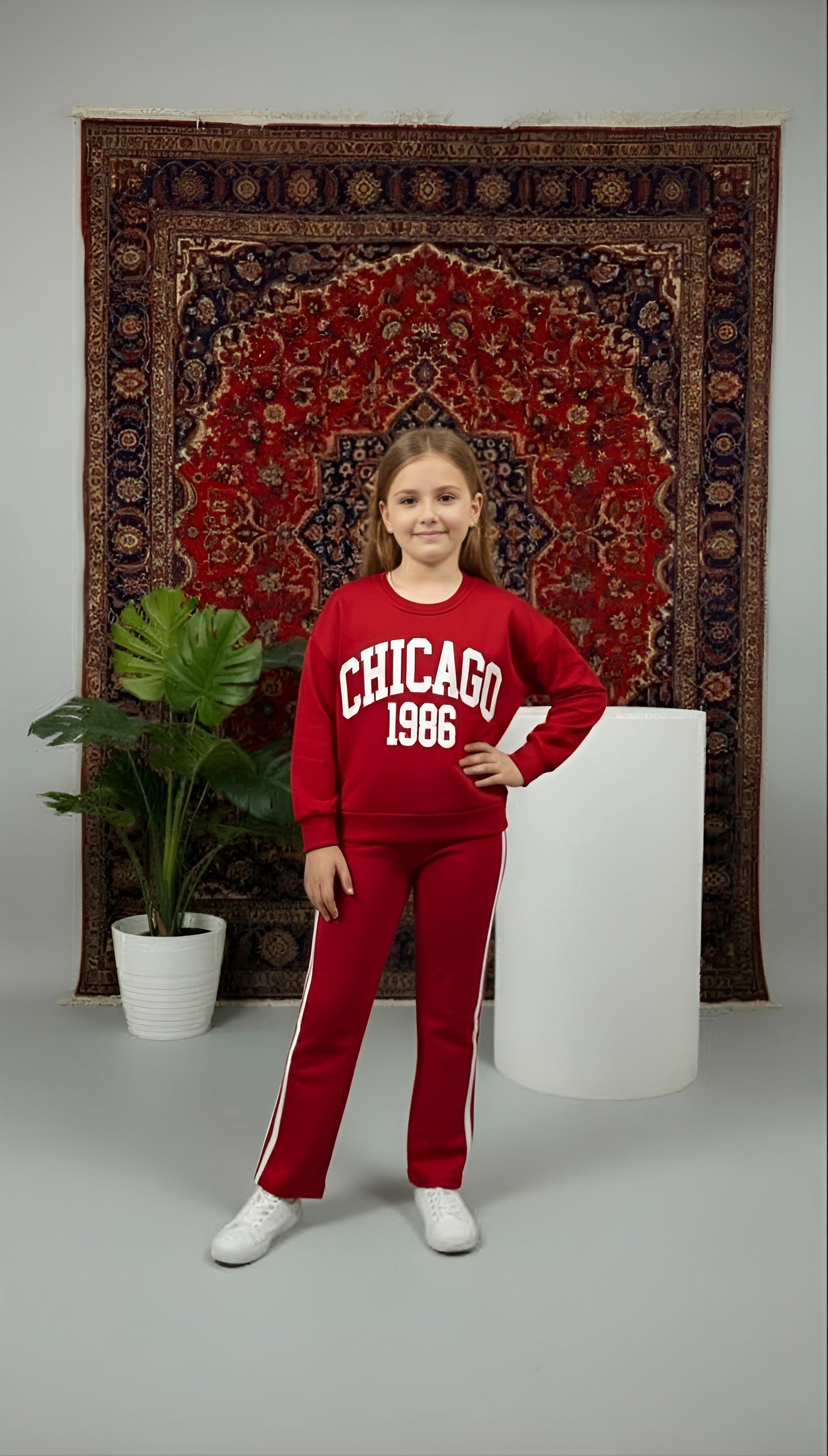 Chicago 1986 Baskılı Kız Çocuk Kırmızı İspanyol Paça Alt Üst Takım