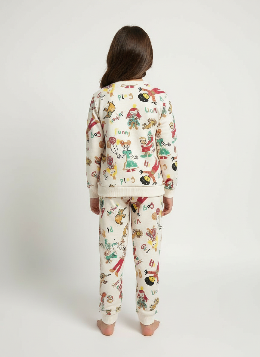 Renkli Çizimli Desenli Kız Çocuk Pijama Takımı – 2-6 Yaş