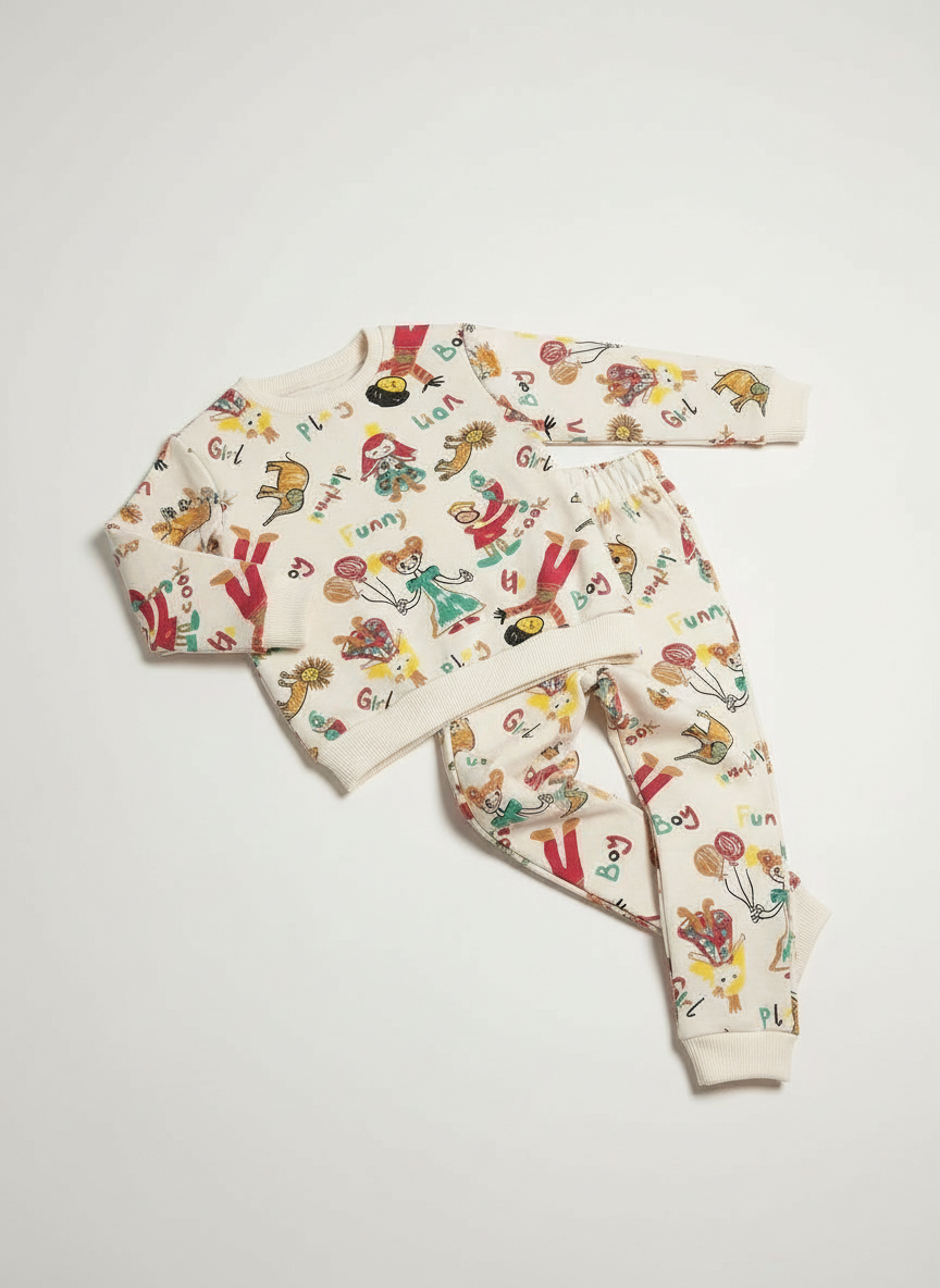 Renkli Çizimli Desenli Kız Çocuk Pijama Takımı – 2-6 Yaş