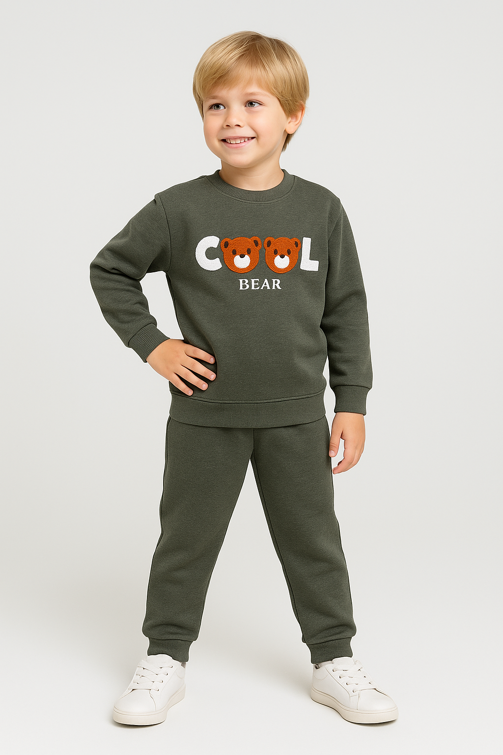 Cool Bear Temalı Bisiklet Yaka Erkek Çocuk Haki Alt Üst Takım