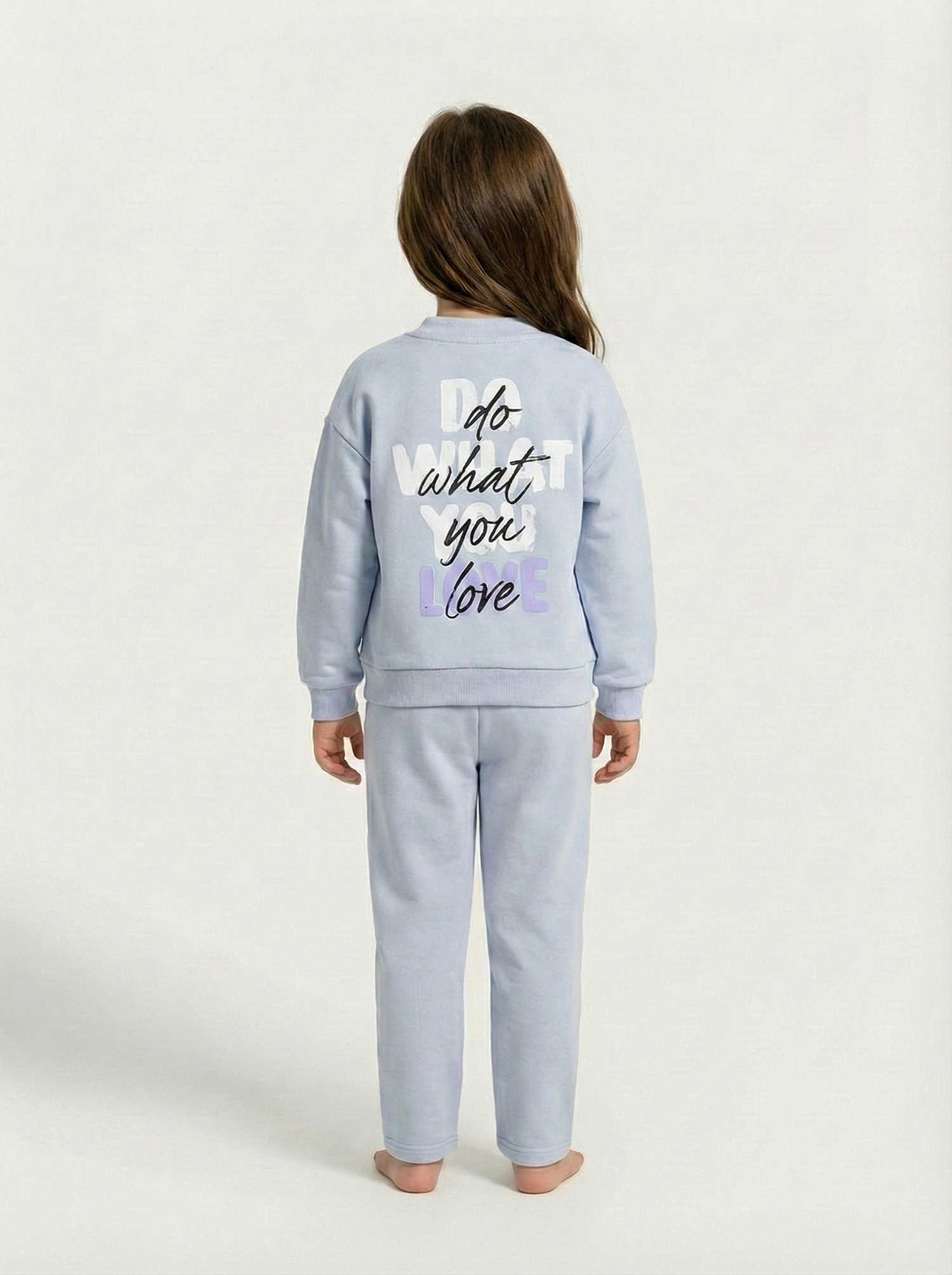 Buz Mavisi Sırt Baskılı ve Düğme Detaylı Kız Çocuk Eşofman Takımı (5-8 Yaş)