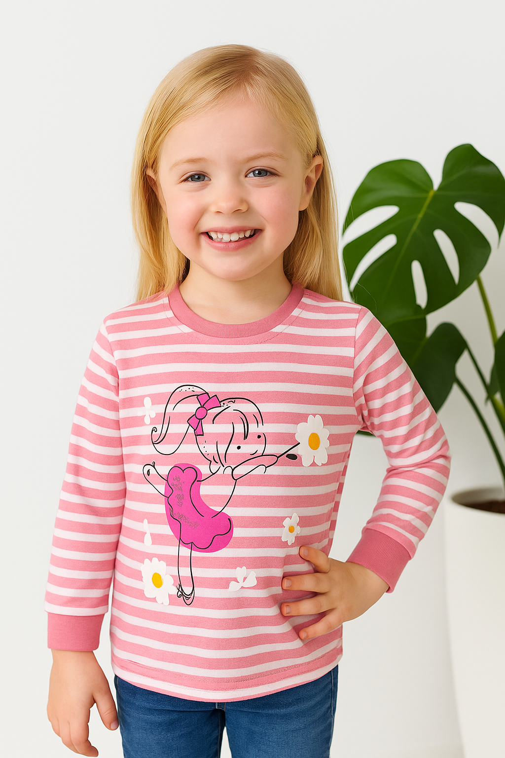 Kız Ve Çiçek Baskılı Bisiklet Yaka Kız Çocuk Pembe Sweat