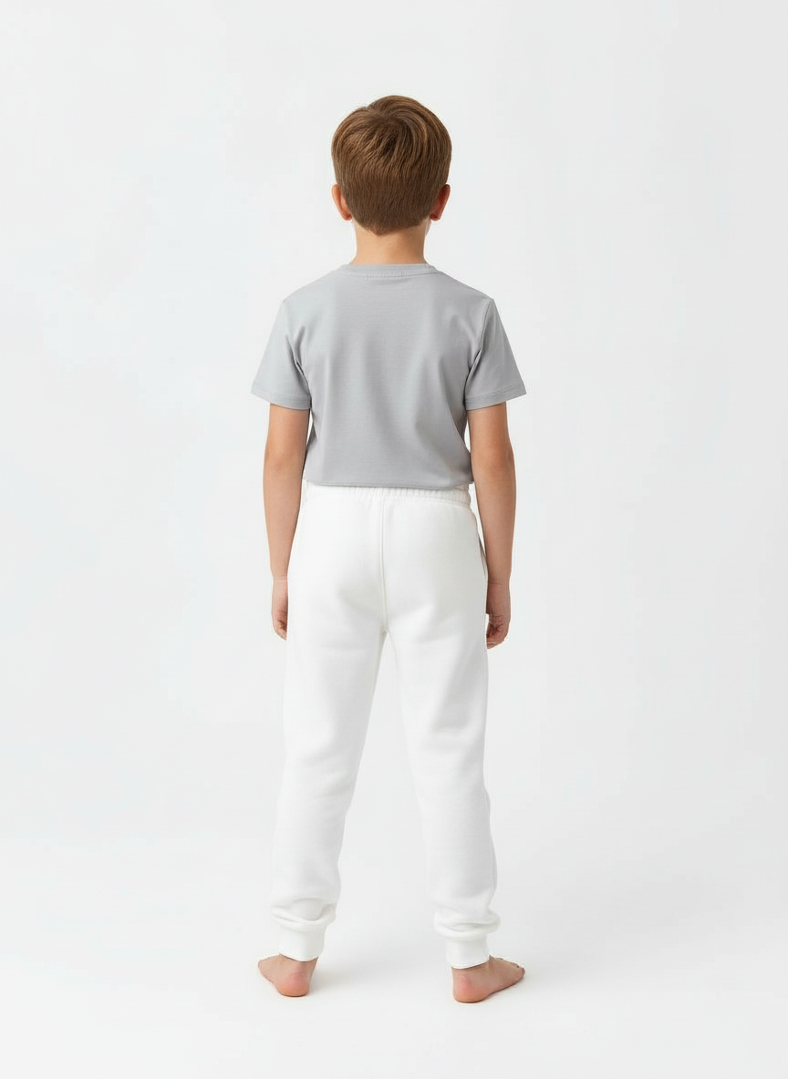 Erkek Çocuk Beyaz %100 Pamuk Kompakt Şardonlu 3 İplik Eşofman Altı – Yumuşak Jogger – 5-12 Yaş