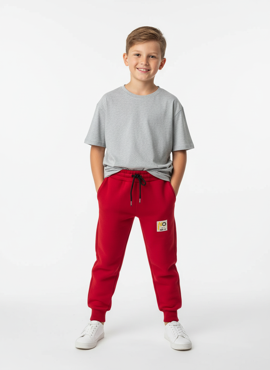 Erkek Çocuk Kırmızı %100 Pamuk Kompakt Şardonlu 3 İplik Eşofman Altı – Jogger Alt – 5-12 Yaş