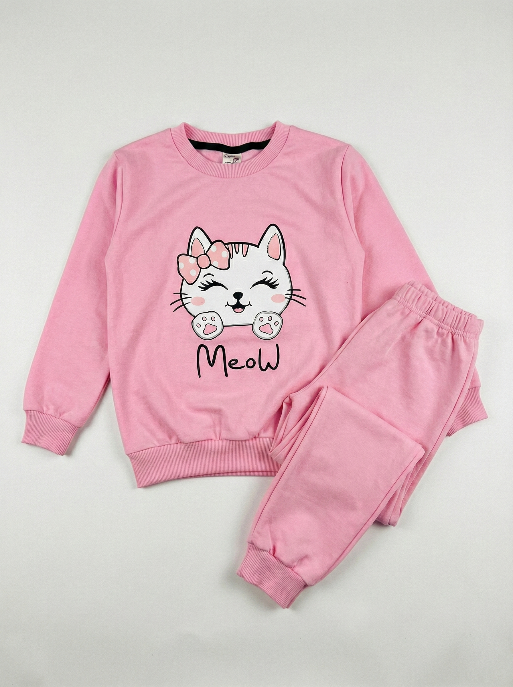 Pembe Meow Kedi Baskılı İçi Polarlı Kız Çocuk Eşofman Takımı (2-10 Yaş)