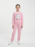 Pembe Meow Kedi Baskılı İçi Polarlı Kız Çocuk Eşofman Takımı (2-10 Yaş)