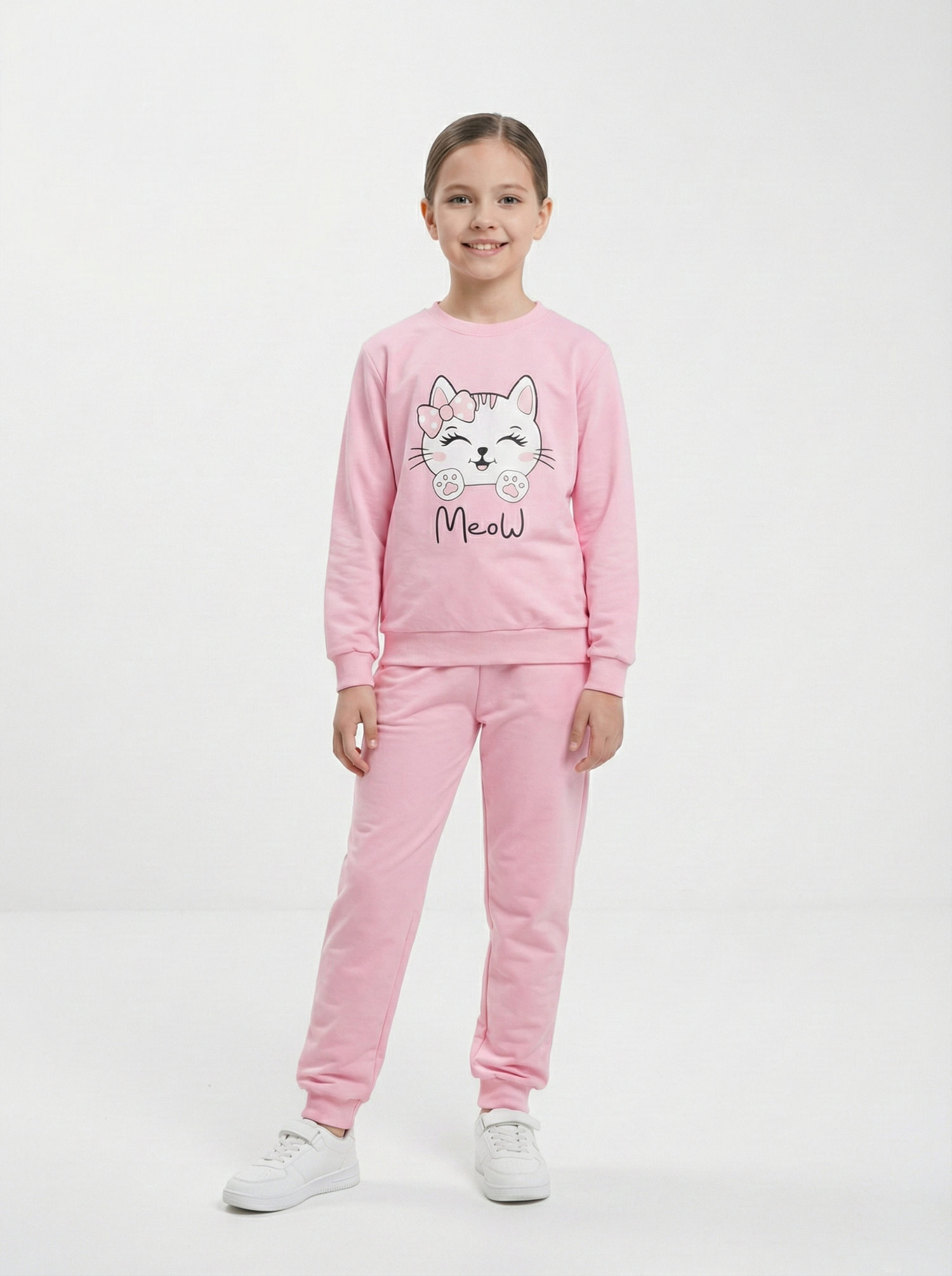 Pembe Meow Kedi Baskılı İçi Polarlı Kız Çocuk Eşofman Takımı (2-10 Yaş)