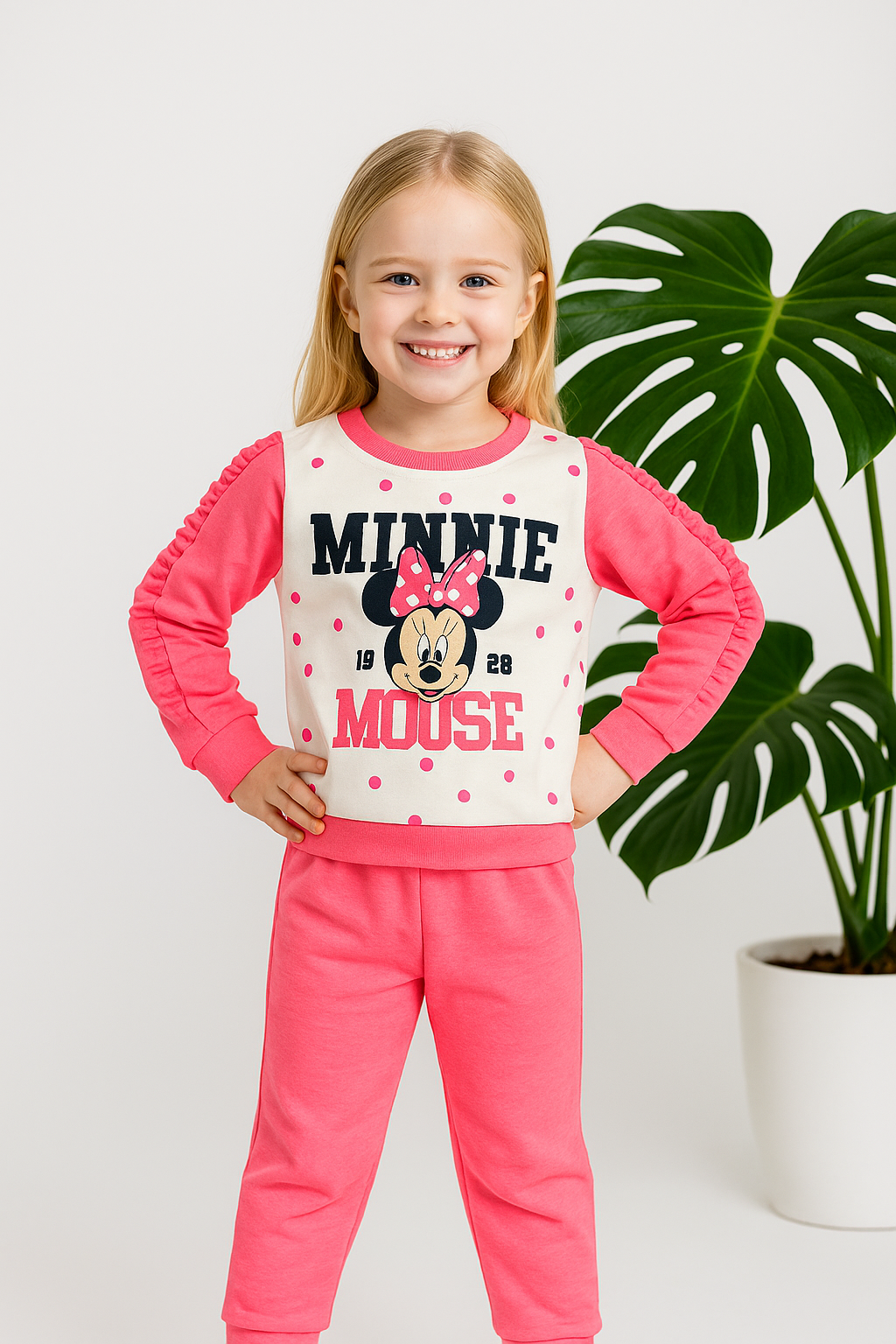 Minnie Mouse Figürlü Kız Çocuk Fosforlu Pembe Alt Üst Takım