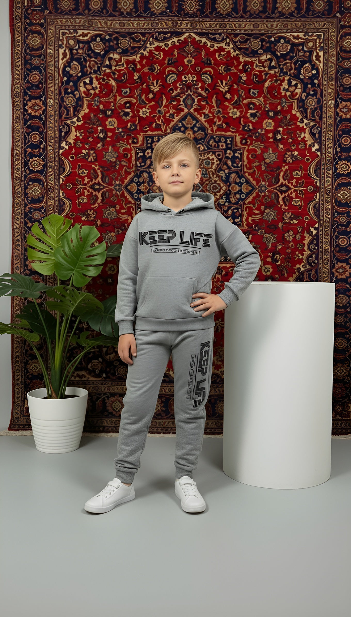 Keep Life Yazılı Kapşonlu Erkek Çocuk Gri Alt Üst Takım