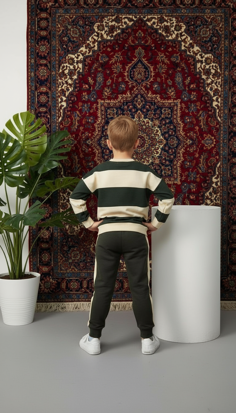 Mickey Mouse Baskılı Çizgili Erkek Çocuk Haki Bej Alt Üst Takım