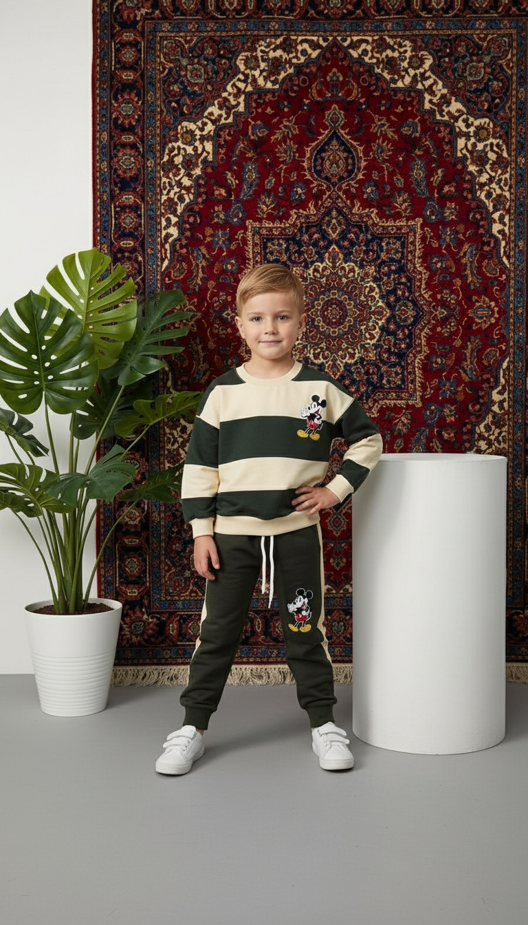Mickey Mouse Baskılı Çizgili Erkek Çocuk Haki Bej Alt Üst Takım