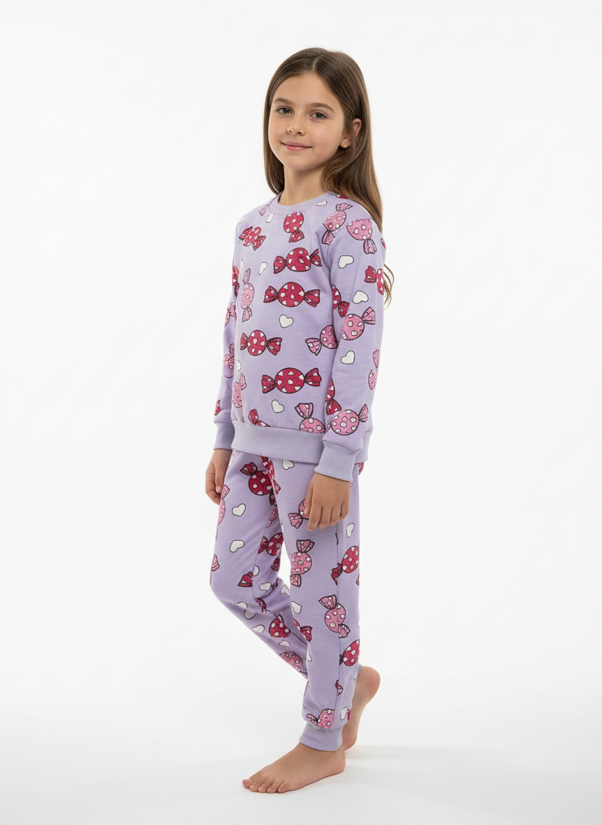 Kız Çocuk Lila Şeker Desenli Pijama Takımı (3–7 Yaş)