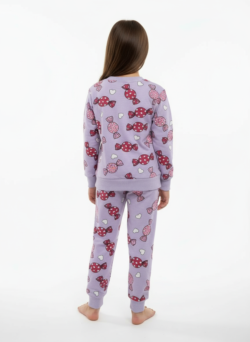 Kız Çocuk Lila Şeker Desenli Pijama Takımı (2–6 Yaş)