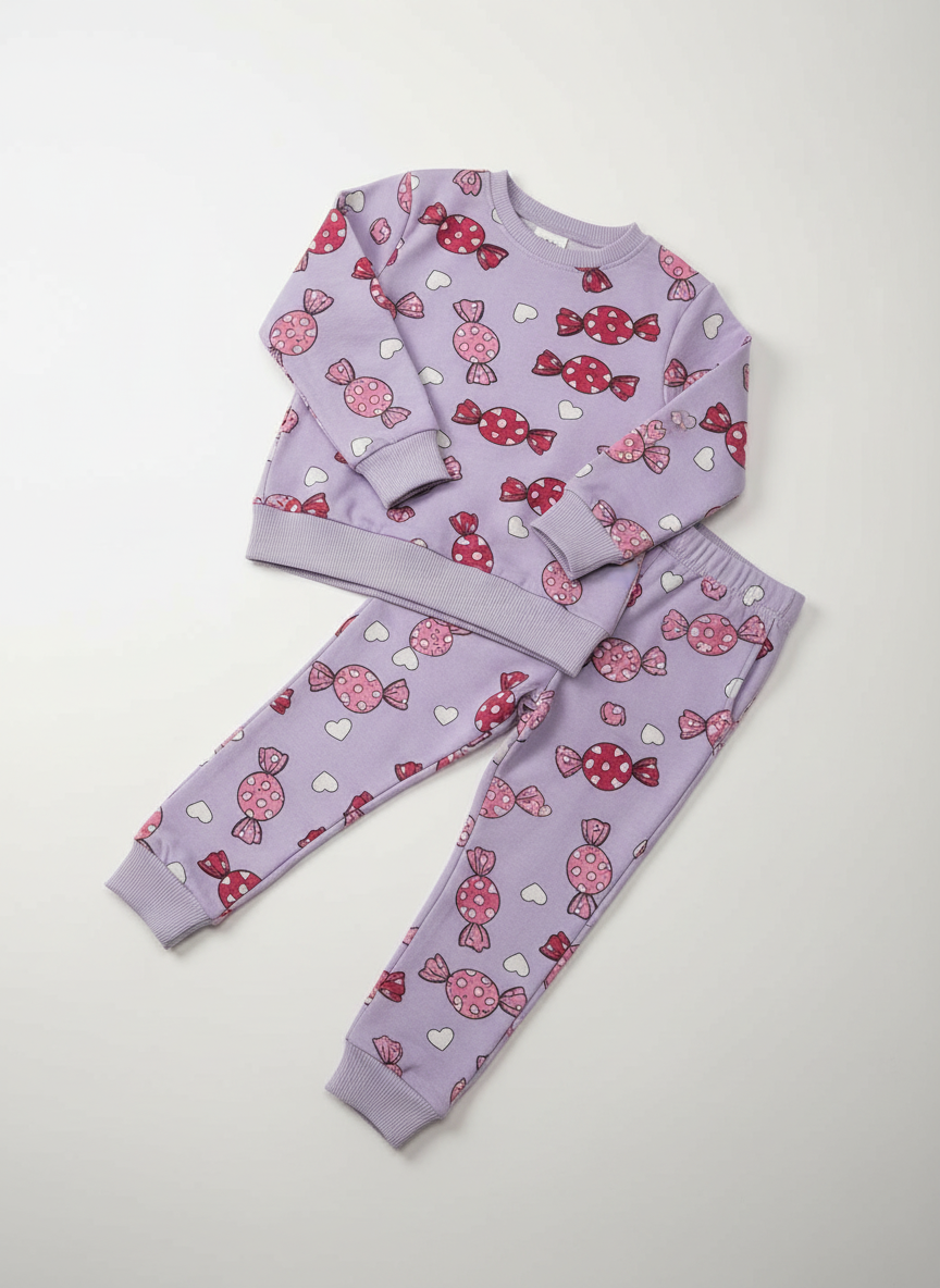 Kız Çocuk Lila Şeker Desenli Pijama Takımı (2–6 Yaş)