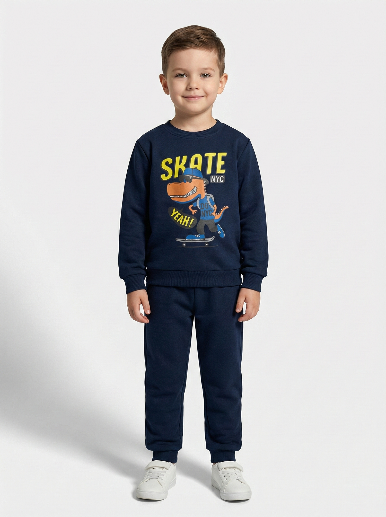 Lacivert Kaykaycı Dinozor Baskılı İçi Polarlı Erkek Çocuk Eşofman Takımı (2-10 Yaş)