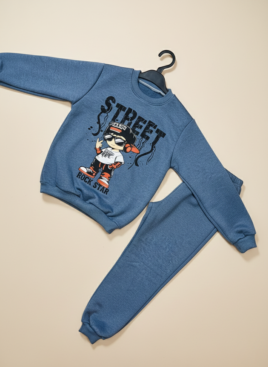 İndigo Mavi Street Baskılı İçi Polarlı Erkek Çocuk Eşofman Takımı (2-10 Yaş)