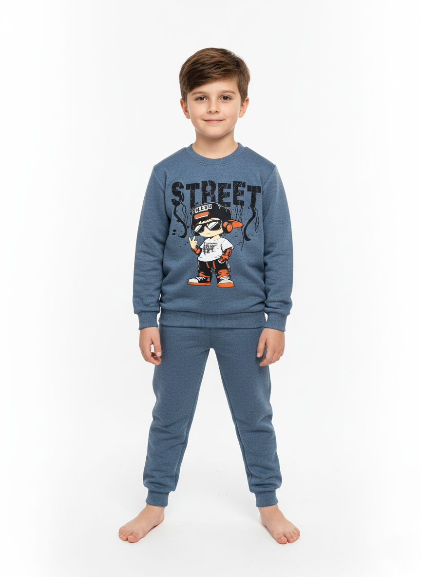 İndigo Mavi Street Baskılı İçi Polarlı Erkek Çocuk Eşofman Takımı (2-10 Yaş)
