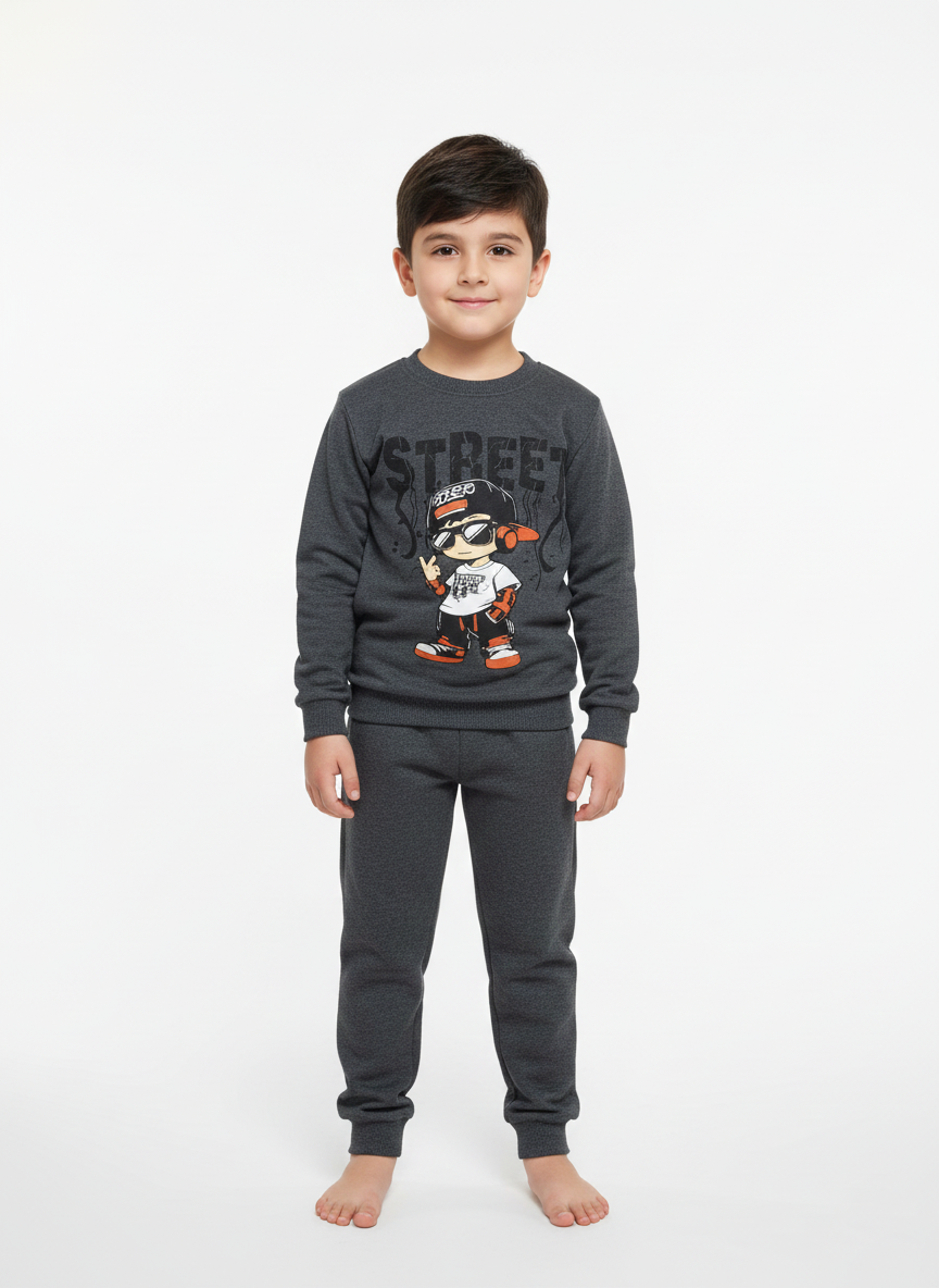 Koyu Gri Street Baskılı İçi Polarlı Erkek Çocuk Eşofman Takımı (2-10 Yaş)