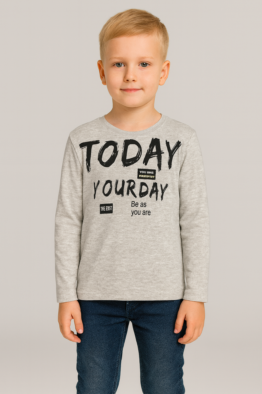 Today Baskılı Bisiklet Yaka Gri Erkek Çocuk Sweat